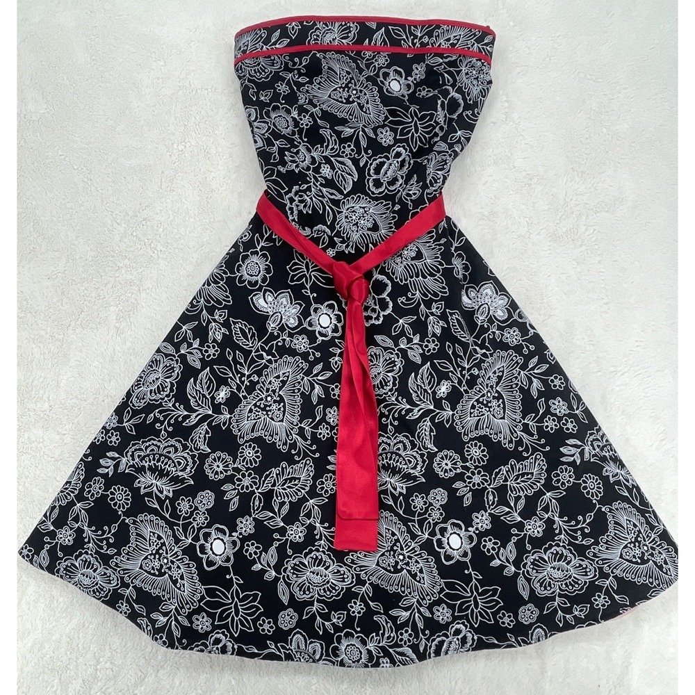 Y2K  Dress Black & White Floral Rockabilly Swing Dance Strapless A Line 50s Era